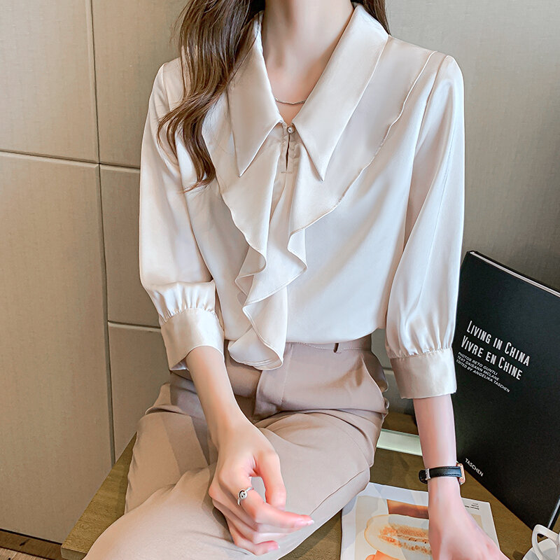 Женская шифоновая блузка с воротником «Питер Пэн» и длинными рукавами