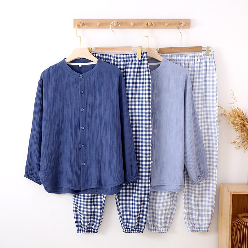 Plaid Men Homewear Set Spring Pyjama Summer Cotton Crepe Contrasting Color Long-sleeved Double-layer Gauze Autumn Thin Pajamas