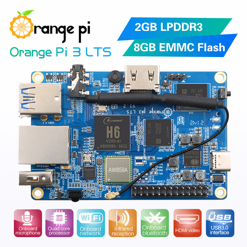Orange Pi 3 LTS H6 64Bit 8GB EMMC 2G RAM WiFi BT 5.0 Opsional Casing Daya Heatsink Fan HDMI-Kompatibel Kabel Kartu TF OPI 3LTS