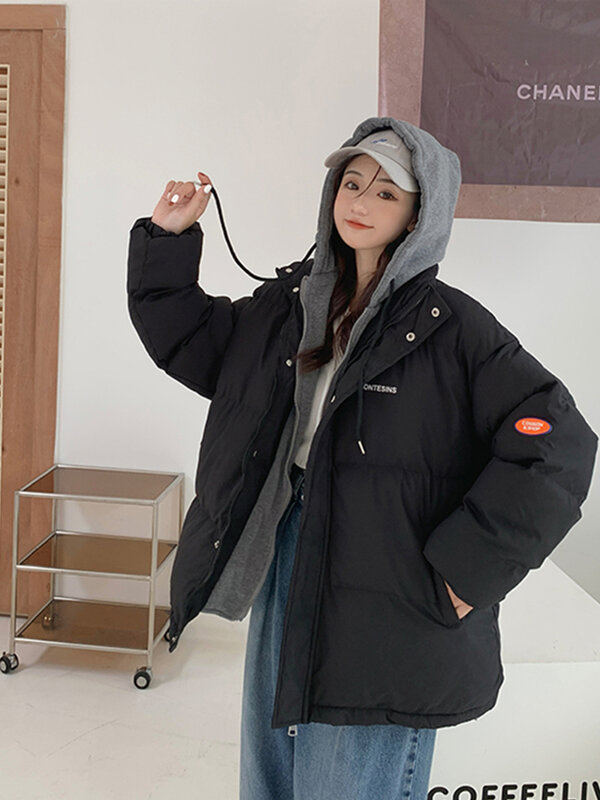 Inverno com capuz de algodão jaqueta feminina 2022 moda coreana solto grosso quente parkas falso 2 peça algodão-acolchoado casacos roupas de algodão