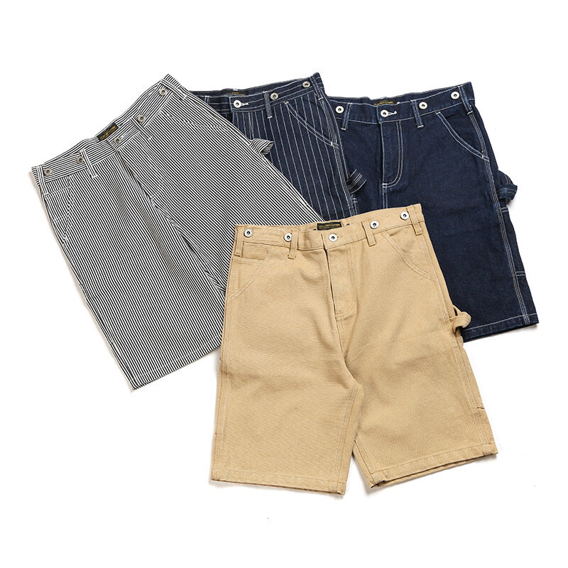 Vintage denim shorts para homem em linha reta meados de cintura ferrovia listrado macacão verão casual masculino