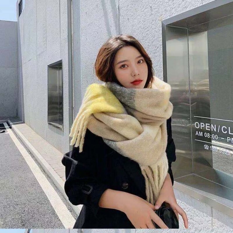 Four Color Female Korean Style Long Tassel Cashmere Scarf Gradient Tie Dye Scarf Thickened Scarf Rainbow Winter Plaid