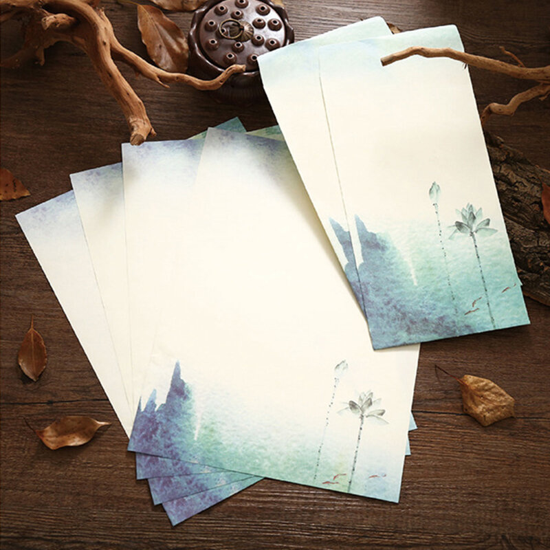 6 teile/satz Vintage Brief Papier und Umschlag Set Chinesische Malerei Lotus Blumen Handwerk Umschlag Einladung Buchstaben Papier Schreibwaren
