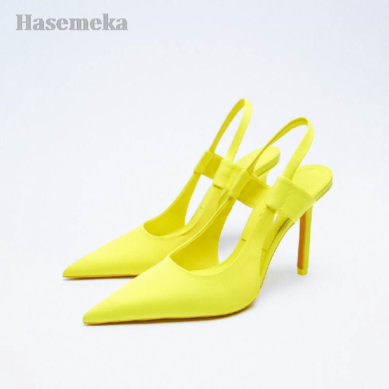 Sandalias de boca baja con cordones para mujer, zapatos transparentes de tacón de aguja amarillo, talla grande, cómodos, novedad, 2022