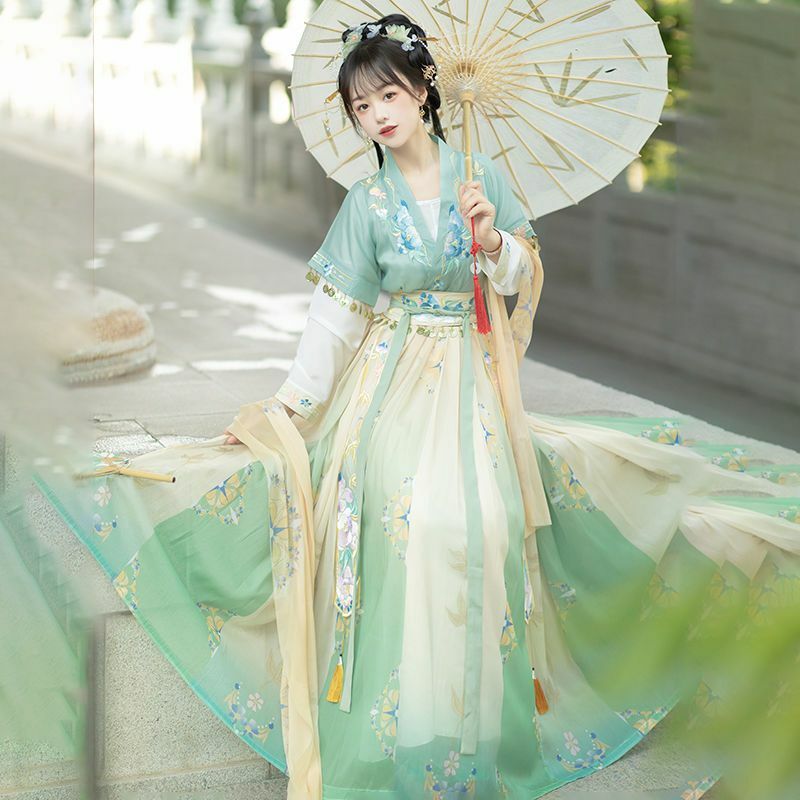 Hanfu الملابس القديمة للنساء ، Hanfu الأصلي ، تانغ الصنع ، طول الخصر ، التطريز ، النمط الصيني ، نمط الصيف اليومي