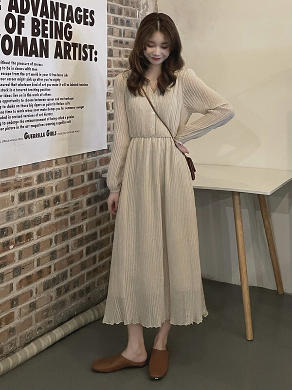 2022 New Fall Winter Women knitting Dress Korean V-neck Solid Long Sleeve High Waist Midi Pleated chiffon skirt A-line skirt