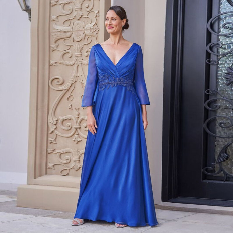 Elegance A-Line Blue Mother of the Bride Groom Dress Wedding V-Neck Long Sleeve With Floor Length / Formal Guests Prom