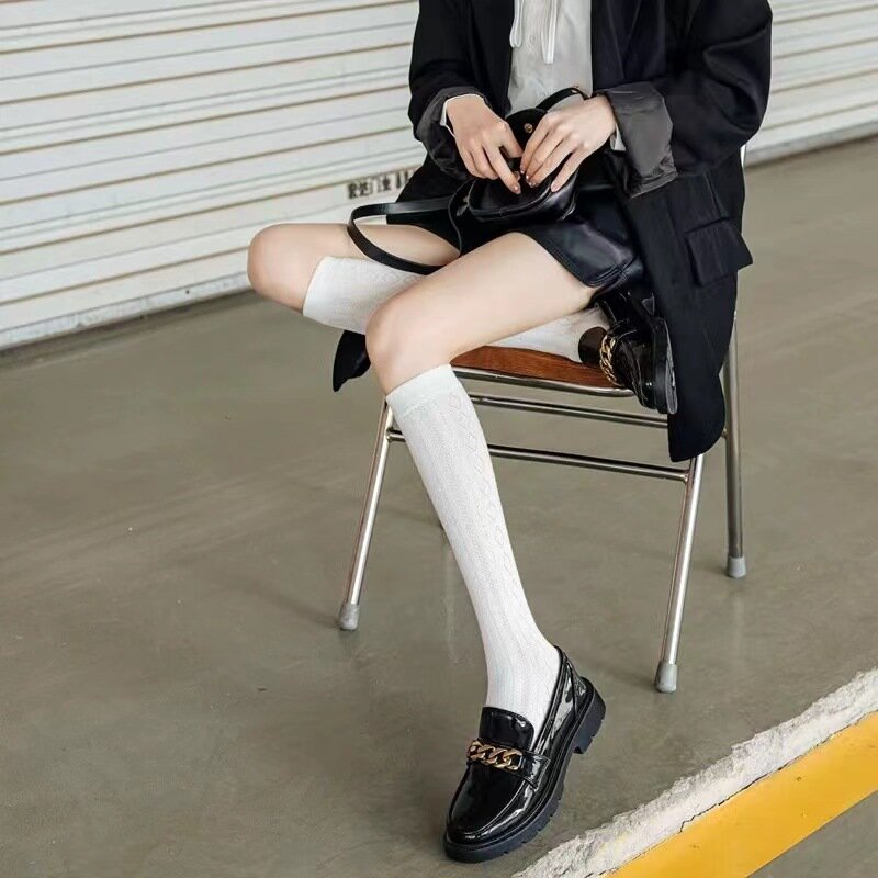 JK 여성 귀여운 블랙 화이트 로리타 긴 양말, 얇은 무릎 높이 양말, 패션 코스프레, 섹시한 나일론 투명 스타킹, 여름