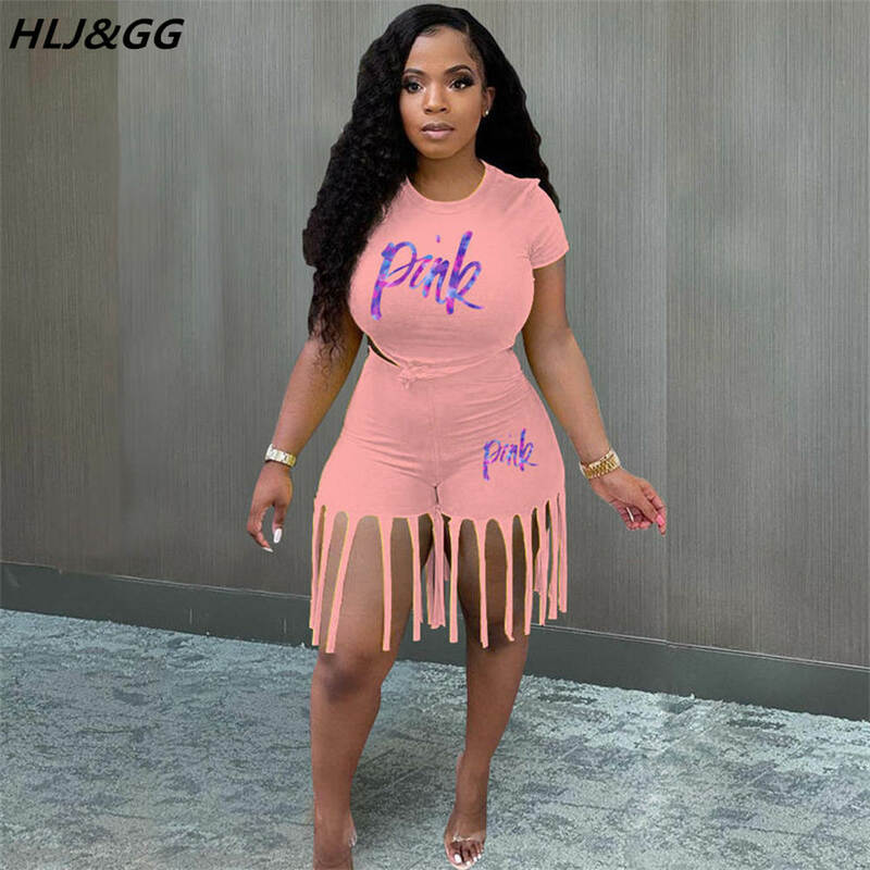 HLJ&GG Women PINK Letter Print Two Piece Sets Summer Round Neck Top + Tassel Shorts Outfits Fashion Matching Jogger 2pcs Suits