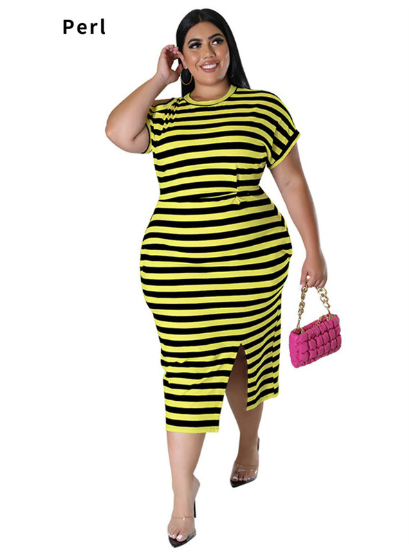 Perl Xl-5xl Plus Size Dress for Women Casual Short Sleeve Striped Hollow Out Long Skirt Fashion Summer Outfit Lady Clothing 2022