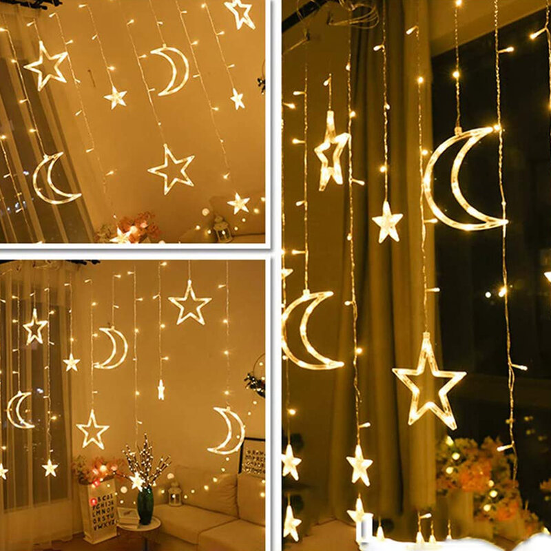 Led estrela lua cortina luzes de fadas guirlanda luzes da corda casa decoração do quarto festa ano novo natal luz de fadas