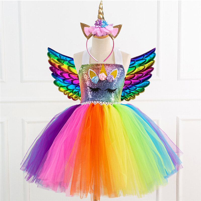 Robe de princesse licorne Cosplay pour filles, tenue longue en maille, Tutu, arc-en-ciel, Costume d'halloween pour enfants, fête de carnaval