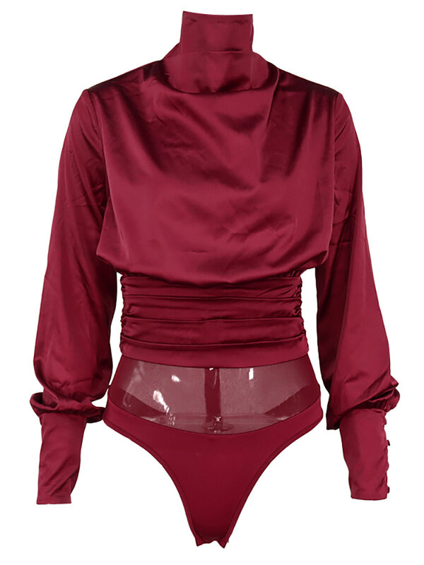 NewAsia Satin Bodysuit Wanita Turtleneck Lentera Lengan Panjang Backless Warna Solid Overall Seksi Klub Pakaian untuk Wanita 2020