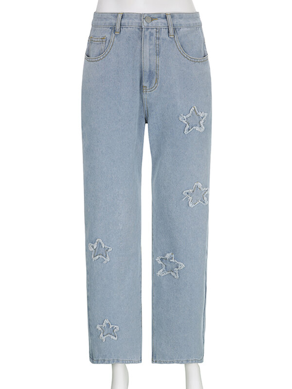 Iamsure casual streetwear retalhos estrela padrão jeans doce bonito solto meados de cintura larga calças de perna feminina 2022 outono primavera senhora