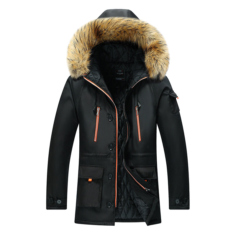 캐주얼 슬림 방풍 후드 파카 롱 파카 자켓 남성용, 따뜻하고 두꺼운 코트 모피 칼라 클래식 파카 겨울 대형