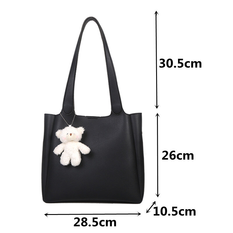 Women's Bear Decoration Shoulder Bag Quality Leather Big Capacity Shopper Bag Black Casual Handbags Female New Fashion Tote Bag