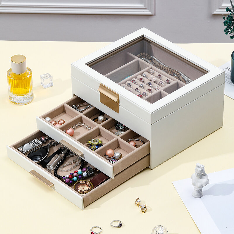 ZLALHAJA kotak Organizer perhiasan 3 lapis, kotak penyimpanan kaca transparan anting kalung perhiasan kapasitas besar kulit