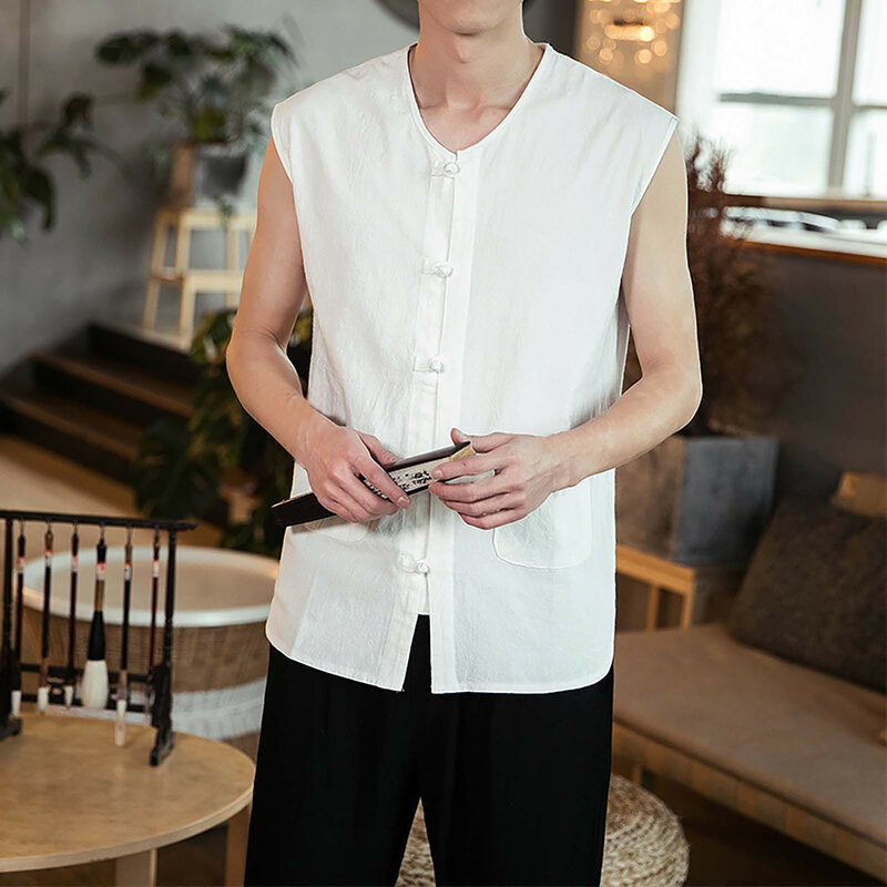 Camisa informal sin mangas para hombre, camisa de manga de malla con botones, cuello redondo, Color sólido, moda de primavera y verano