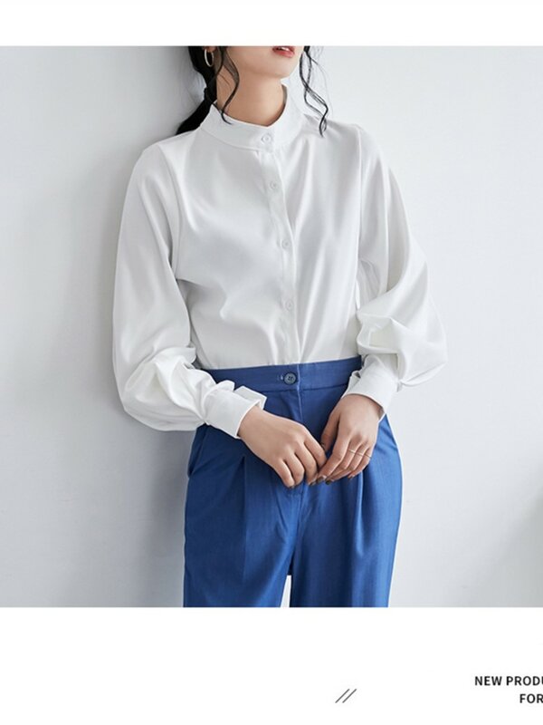 Camisas de camisa sólida con cuello vuelto para mujer, blusa de satén de manga larga con una hilera de botones, moda de otoño 2021