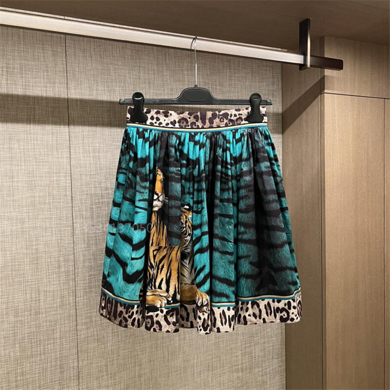 High Quality Summer New Big Brand Satin Tiger Print Skirt 2022 Women's Fashion Sexy LeopardPrint ContrastColorA-Line Short Skirt