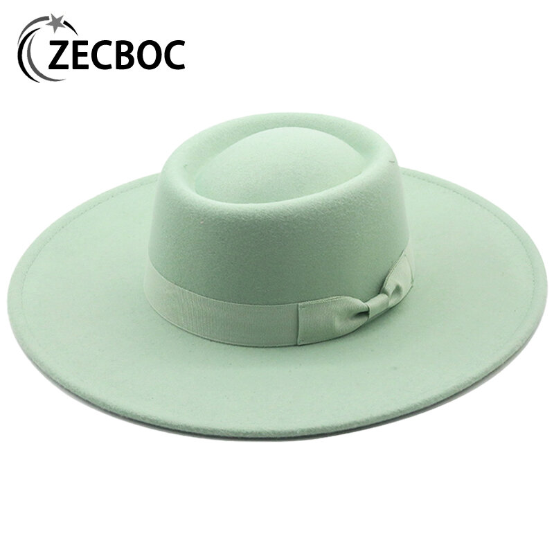 9.5CM Wide Brim Flat Top Fedoras Hats For Women Solid Color Imitation Woolen Jazz Hat Men Elegant British Ladies Caps Bowler Hat