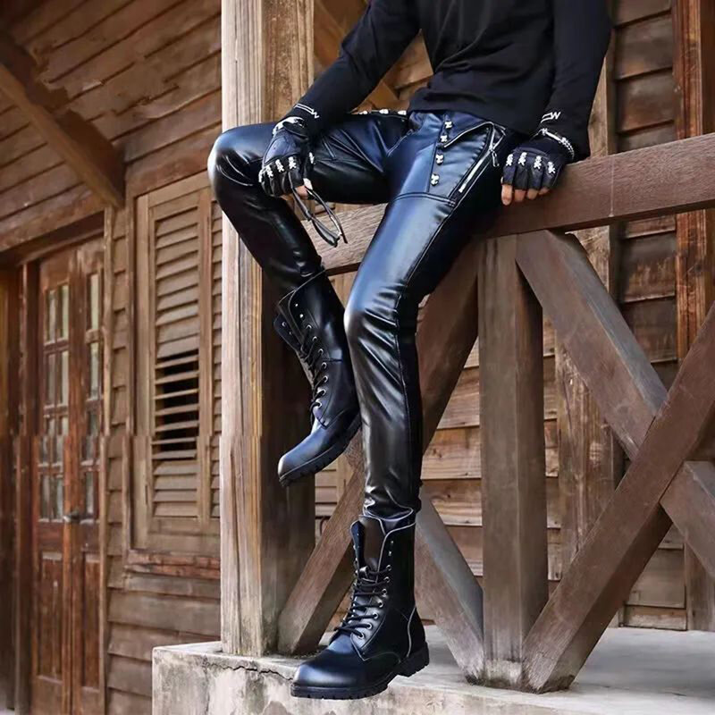 Pantalones de cuero Pu con personalidad para hombre, ropa de calle de motocicleta, Punk, hip hop, gótico, ajustado