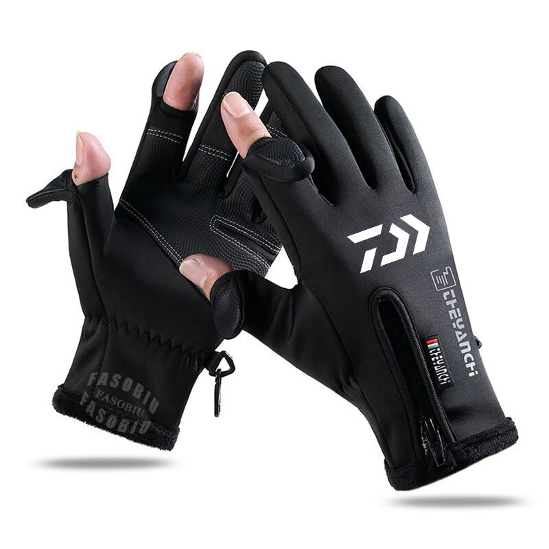 Daiwa Winter Outdoor Men Fishing Gloves Two-Finger Waterproof Touch Screen Thick Plus Fleece Non-Slip Full Finger Fishing Gloves