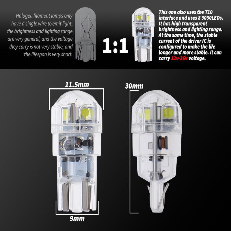Bombilla LED T10 W5W 3030 SMD 168 194, accesorios para coche, lámpara de lectura, 12V, 24V, blanco, ámbar, cristal, azul, Motor, 10 Uds.