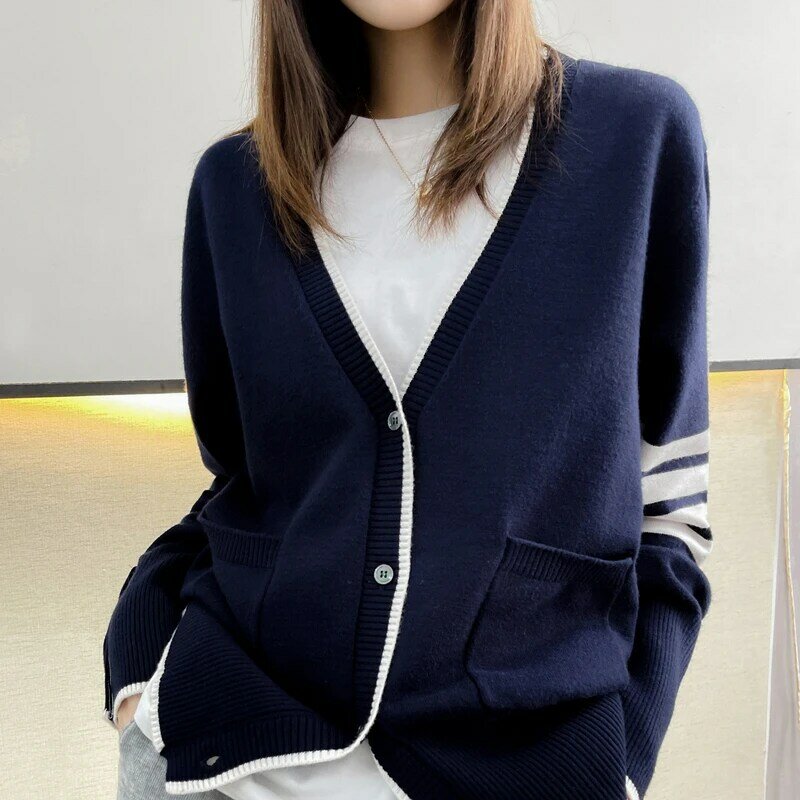 가디건 여성 봄과 가을 새로운 양모 니트 코트, v넥 흰색 스웨터 느슨한 얇은 버튼 재킷