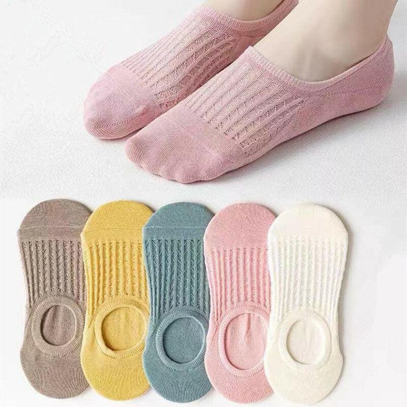 5 pares/set mulheres meias invisíveis verão cor sólida malha baixo corte barco de silicone antiderrapante meias de algodão feminino não mostrar chinelo meias
