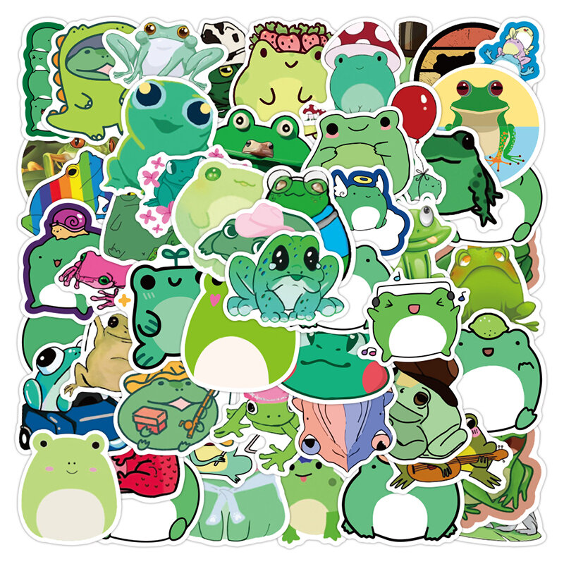 Pegatina de rana pequeña de 50 piezas, decoración estética de Animal lindo de dibujos animados verde, refrigerador, Graffiti, impermeable, casco de cuaderno, monopatín
