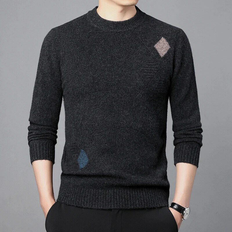 Autumn and Winter Casual Men's Clothing Pure Wool Rhombus Inlay Sweater Korean Fashion Wool Top