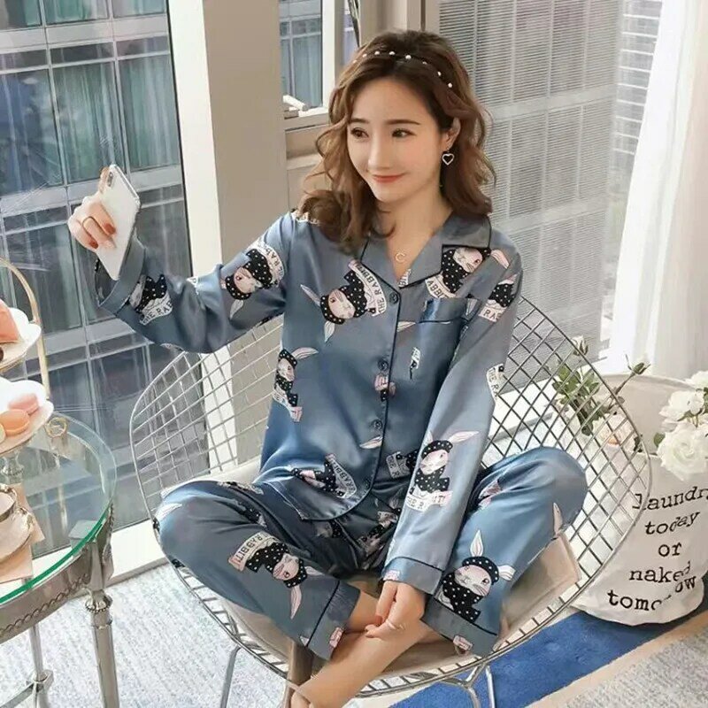 Set Piyama Baru Pakaian Tidur Kartun Kasual Celana Lengan Penuh Wanita Piyama Wanita Rayon Polyester Mode Musim Gugur Set Pakaian Rumah