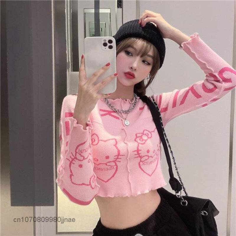 Sanrio Hello Kitty สีชมพู Graphic เสื้อกันหนาวผู้หญิงฤดูใบไม้ร่วง Slim เย็บการ์ตูน Kawaii น่ารักสั้น Y2k สาวเสื้อผ้า