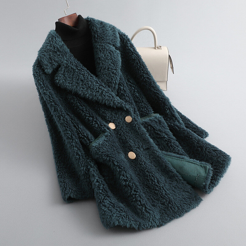 FURYOUME – manteau d'hiver en laine d'agneau pour femme, manteau en fourrure véritable, Long, épais et chaud, Streetwear, pardessus à col rabattu