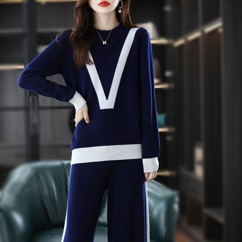 양모 니트 투피스 슈트 여성용, 새로운 양모 정장, 작은 향기 기질 컬러 매칭 스웨터 와이드 레그 팬츠