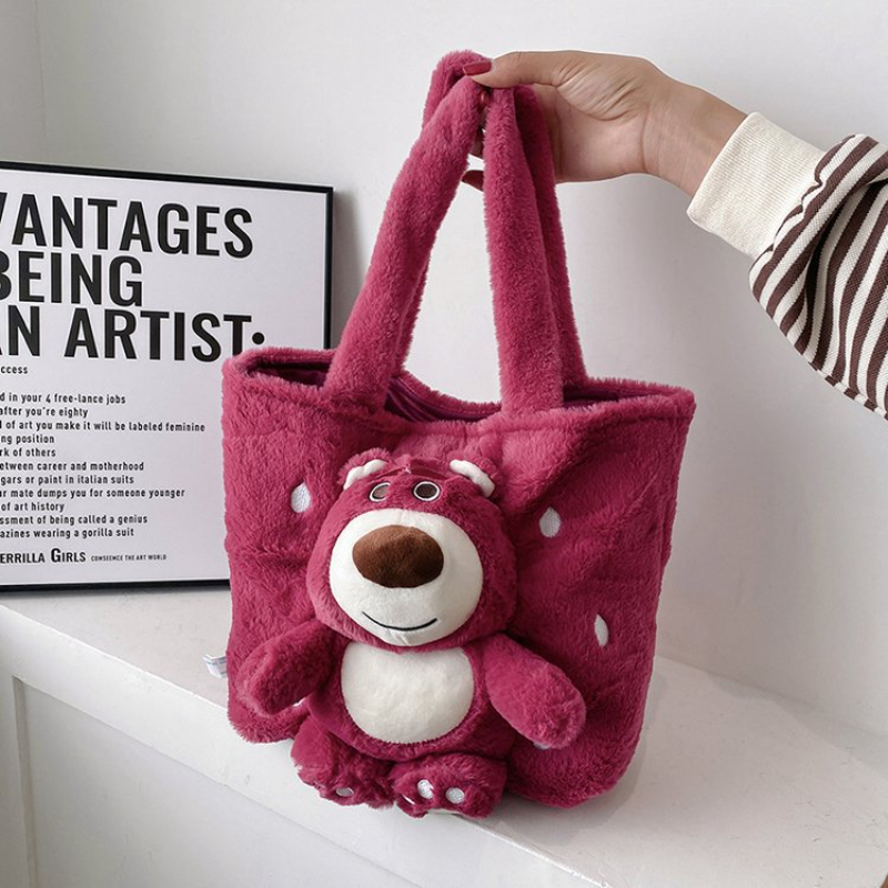 Strawberry Bear Cartoon Shopping Bag Plush Shoulder Bag Handbag Grocery Shopper Student's Book Pack Gift