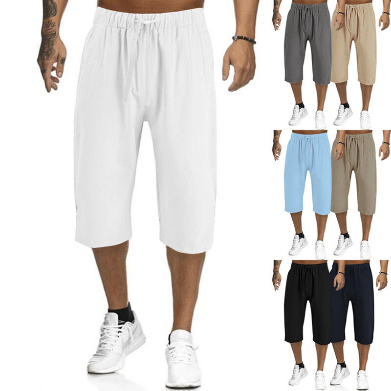 Summer American Street Youth Casual Daily Men's Loose Breathable Drawstring Solid Color Cotton and Linen Basic Five-point Pants
