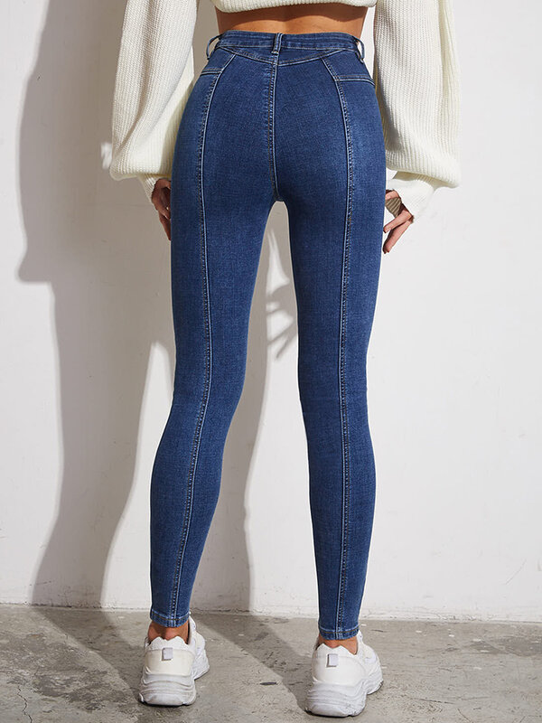 Okuohao-pantalones vaqueros elásticos de cintura alta para mujer, mallas elásticas ajustadas de mezclilla, Jegging azul, pitillo, nuevo