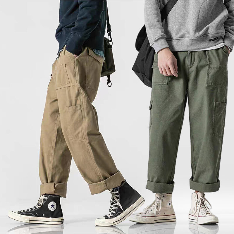 Japanese Streetwear Fashion Casual Cargo Pants Men Clothing Harajuku Straight Trousers Spring Autumn Simple Army Green Pants