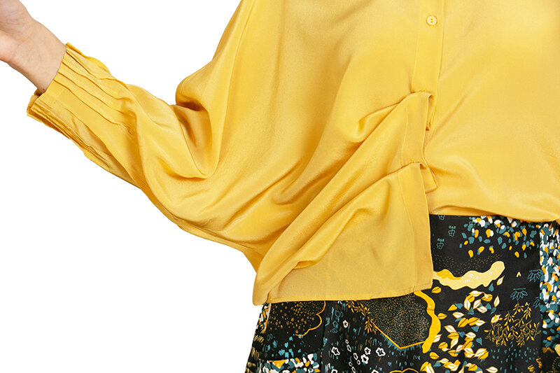 100% ผ้าไหมสุภาพสตรีเสื้อยืดหม่อนผ้าไหมยาวแขนยาว Vintage สีเหลืองเสื้อผู้หญิง Casual All-Match Elegant Tops