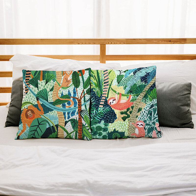 Funda de cojín con diseño de plantas para el hogar, funda de almohada de algodón y lino con diseño de hojas de palma verdes, textil decorativo para el hogar