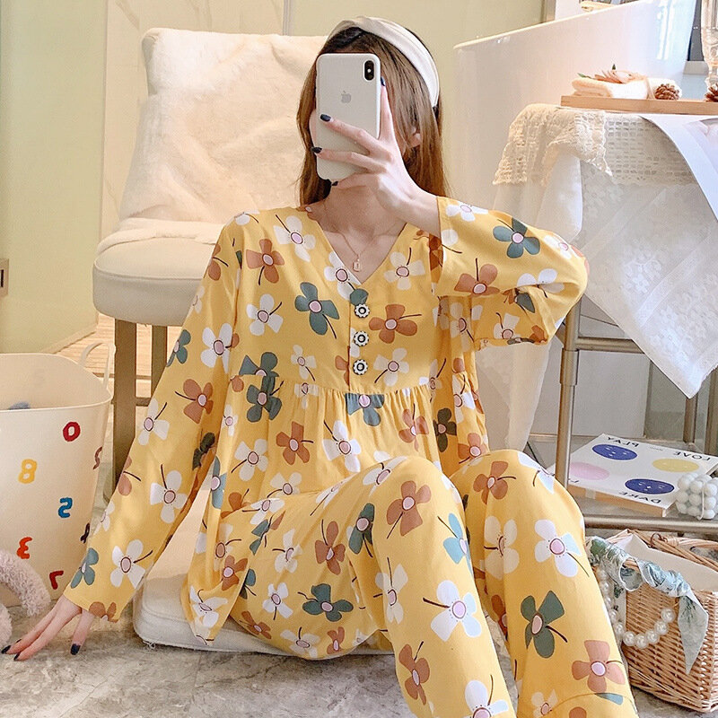 Long-sleeved pijamas feminino primavera/outono viscose fina serviço de casa meninas japonesas podem desgastar roupa do estudante outono sono
