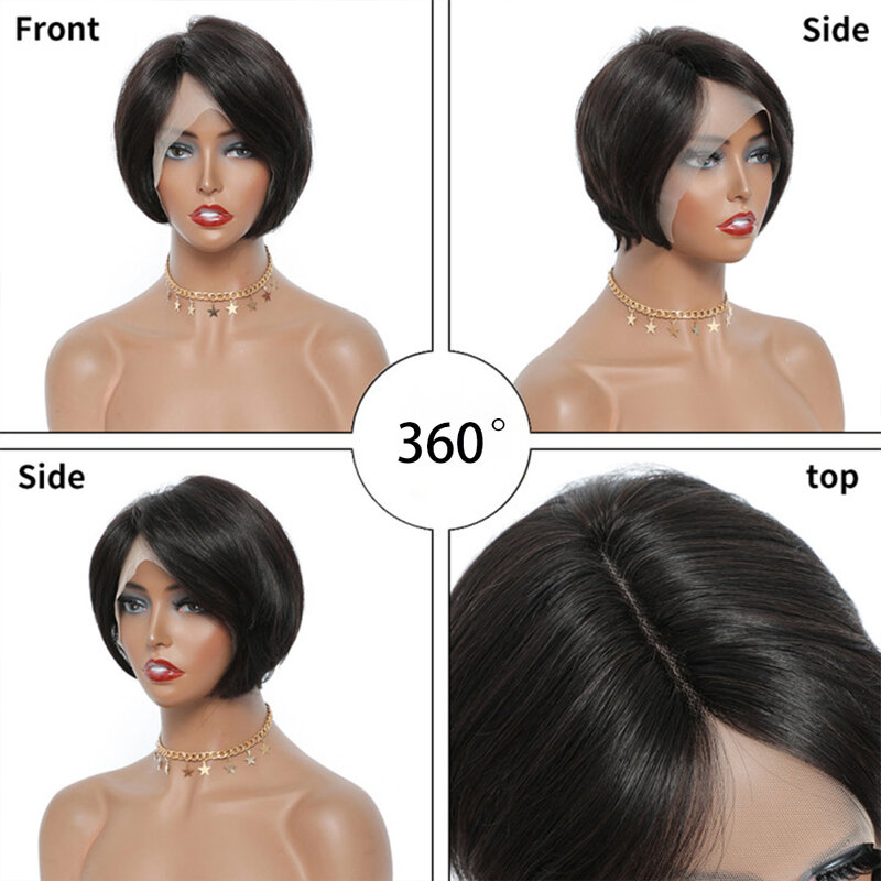 Peluca de encaje corto para mujeres negras, corte Pixie transparente, pelo Remy brasileño liso, Color negro Natural