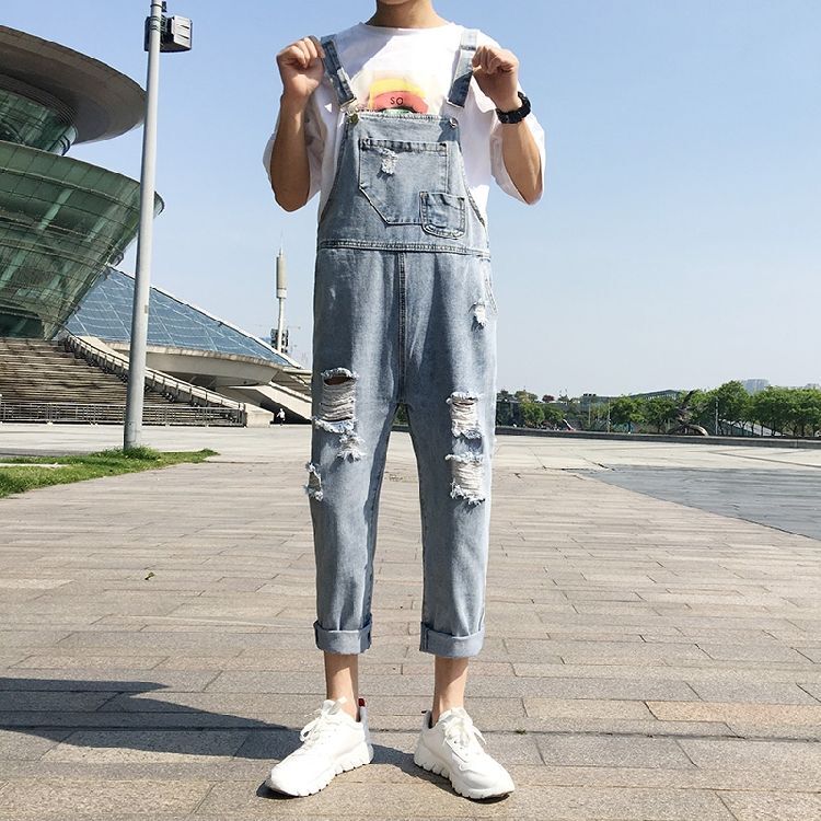 Celana Tali Denim Musim Panas Mode Pria Jumpsuit Serbaguna Pasangan Longgar Mode Korea Selatan Jumpsuit Remaja Celana Jeans Tali