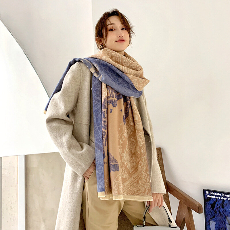 Novo inverno cachecol senhora moda quente xale feminino dupla face cashmere grosso feminino pashmina cobertor foulard impressão bandana 2022