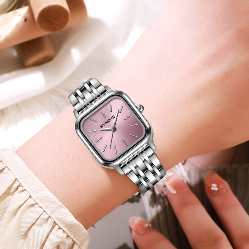 SYNOKE jam tangan wanita, arloji Dress kotak kecil panggilan tali Stainless Steel Ultra tipis Quartz Reloj Mujer