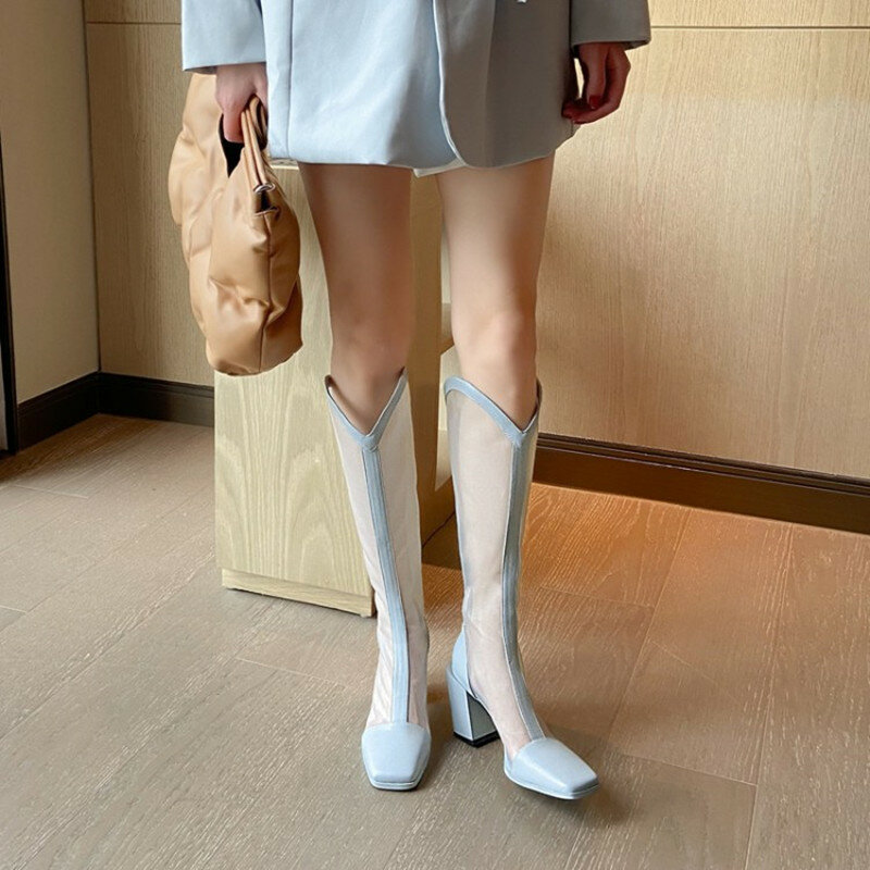 2022 frühjahr und sommer stiefel zeigen dünnen hochhackigen mesh sandalen dicken absätzen karree leder hohl nähte high-top schuhe