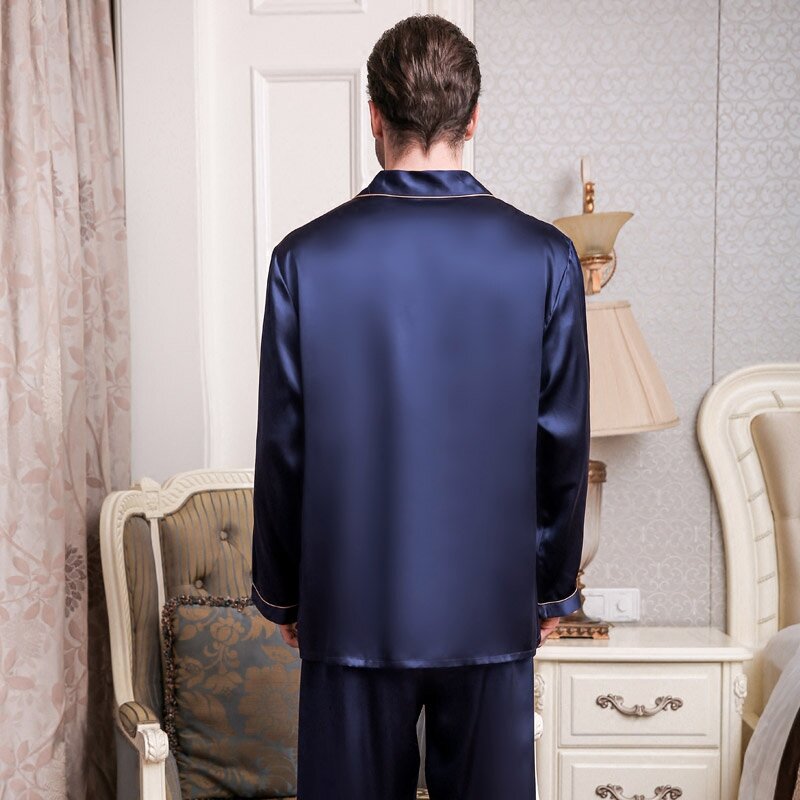 100% silkworm seda pijamas de seda genuína masculina primavera verão manga longa calças de duas peças conjunto de pijama de noite