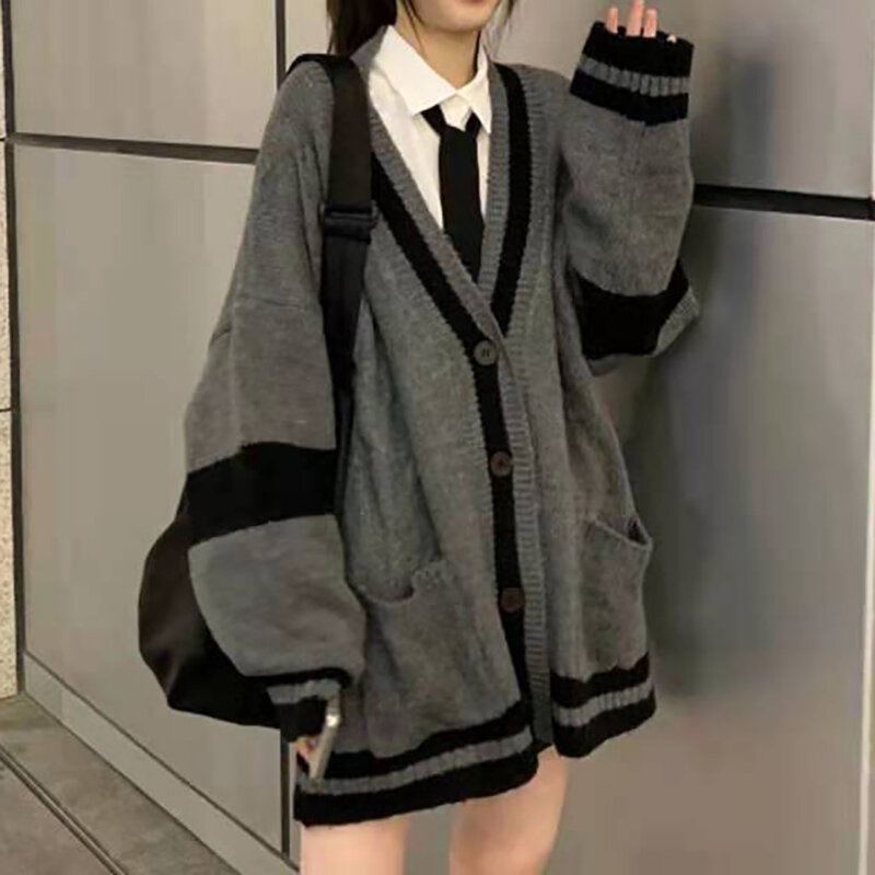 Long Sleeve V Neck Preppy Style Knit Sweater Women Autumn Single Breasted Cotton Warm Cardigan Patchwork Grey Long Sweaters Coat
